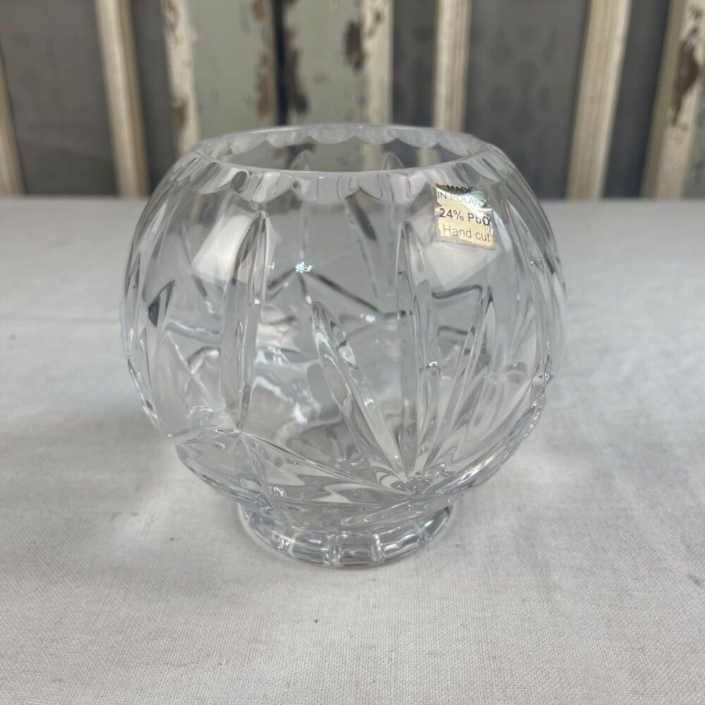 24% Lead Crystal Cut Rose Bowl Vase Made In Poland